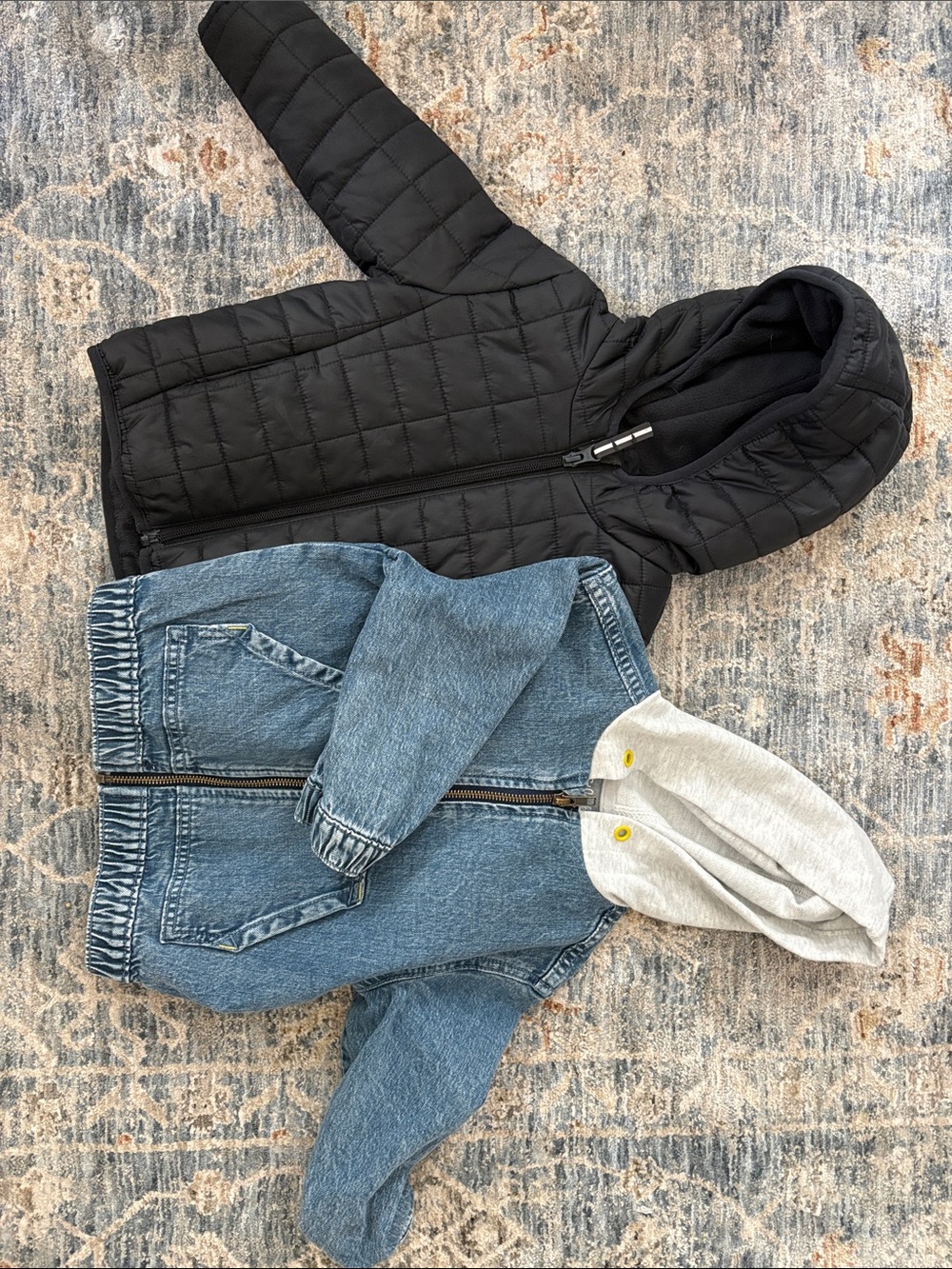 2 Cat & Jack Jackets - Quilted Hooded Puffer and Hooded Denim, 2T, Gently Used